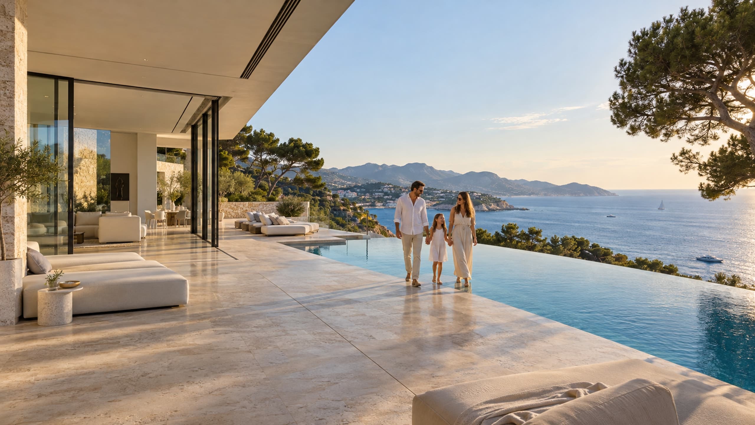 Un couple et leur enfant sur la terrasse d’une villa contemporaine, près d’une piscine à débordement face à la Méditerranée.